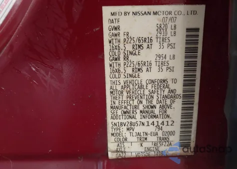 2007 Nissan Quest 3.5 Sl z USA, uszkodzony, nr VIN 5N1BV28U57N141412